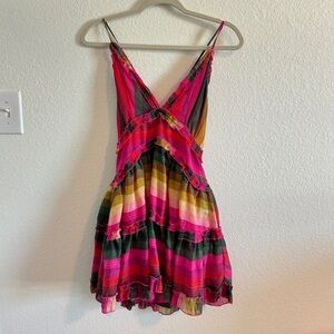 Luxxel Small Open Back V Neck Fiesta Flare Mini Dress in Pink